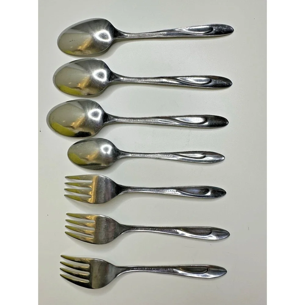 Americana Star Starburst 7 pc Atomic MCM Stainless Flatware USA Forks Spoons
